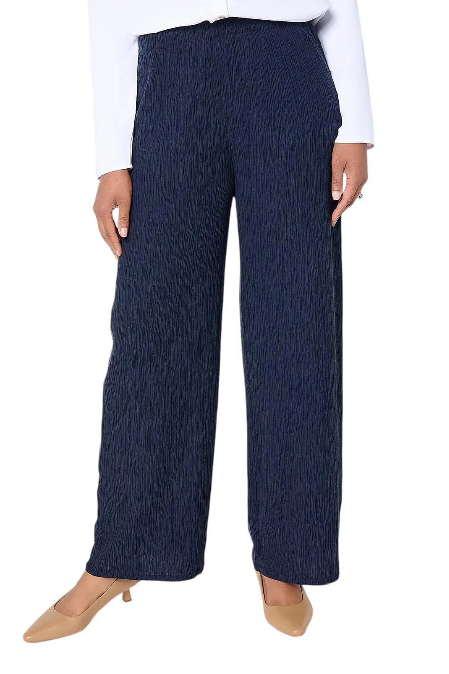 Susan Graver Women's Textured Woven Wide Leg Pull-On Pant Navy - Petite